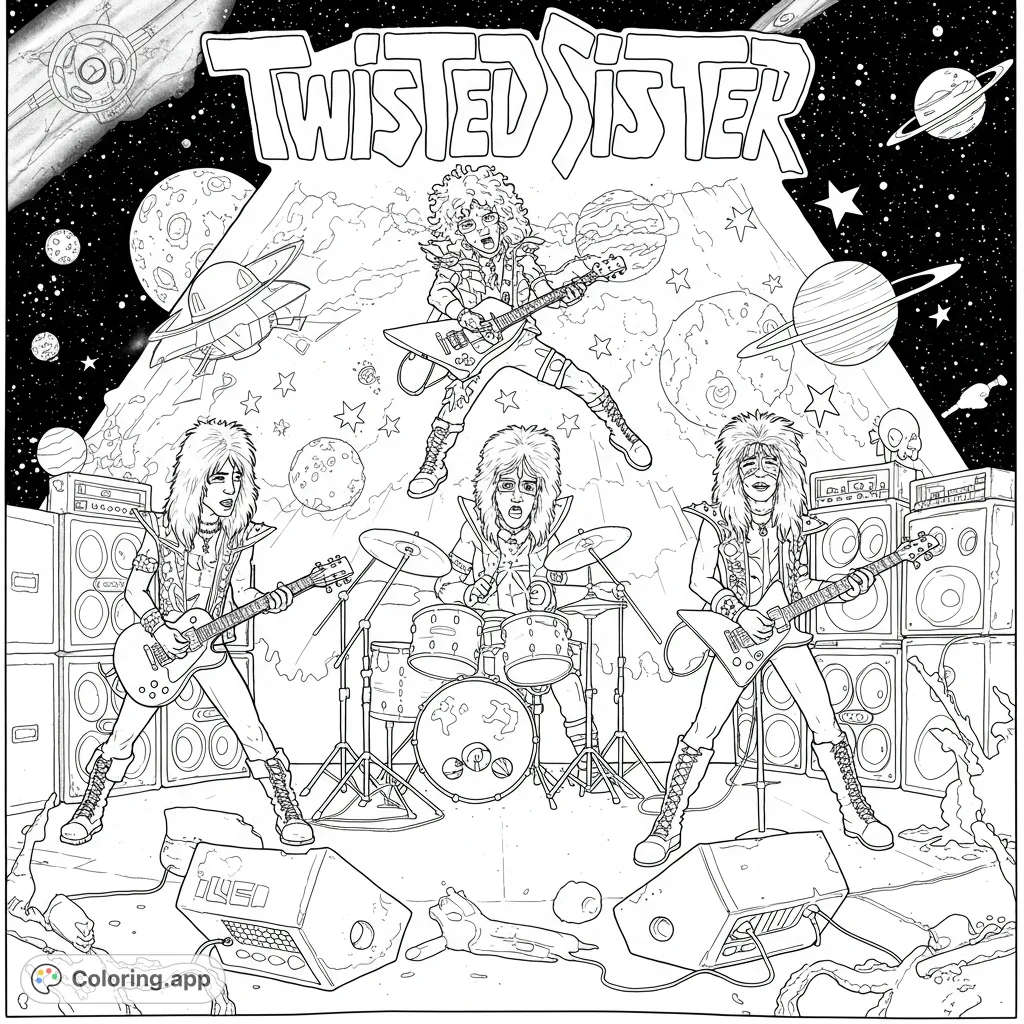 A high-energy rock band performs on an alien planet stage, surrounded by cosmic elements. A free printable space rock coloring page for adults and teens.