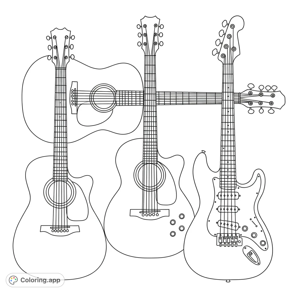 Explore a diverse collection of guitars in this detailed black and white line drawing. Perfect for music lovers and aspiring artists to color.