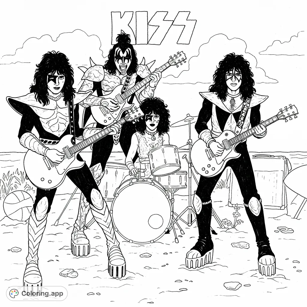 Iconic rock band KISS in full costume and makeup, performing with instruments on a stage, ready for vibrant coloring. A free printable coloring page.