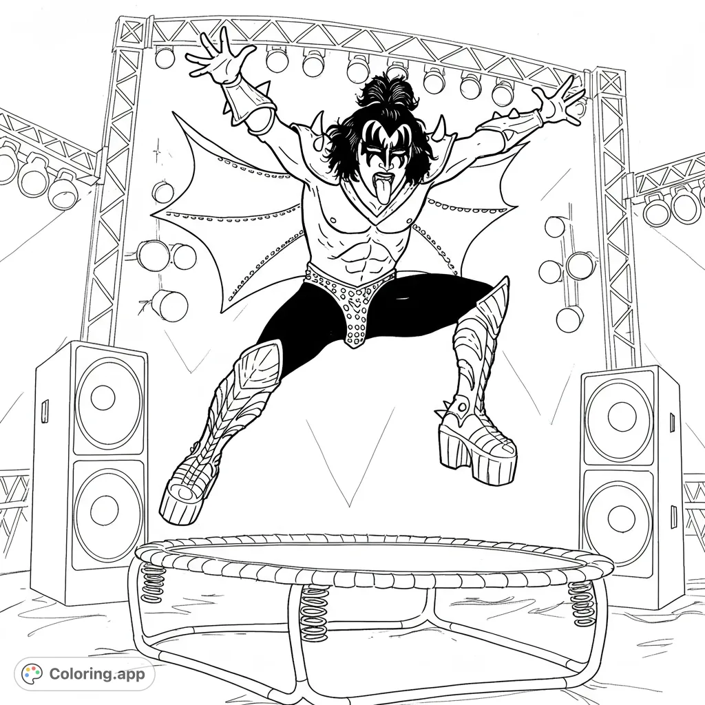 Dynamic Gene Simmons KISS coloring page, mid-air jump on a trampoline, perfect for rock fans. Free printable coloring page for all ages.