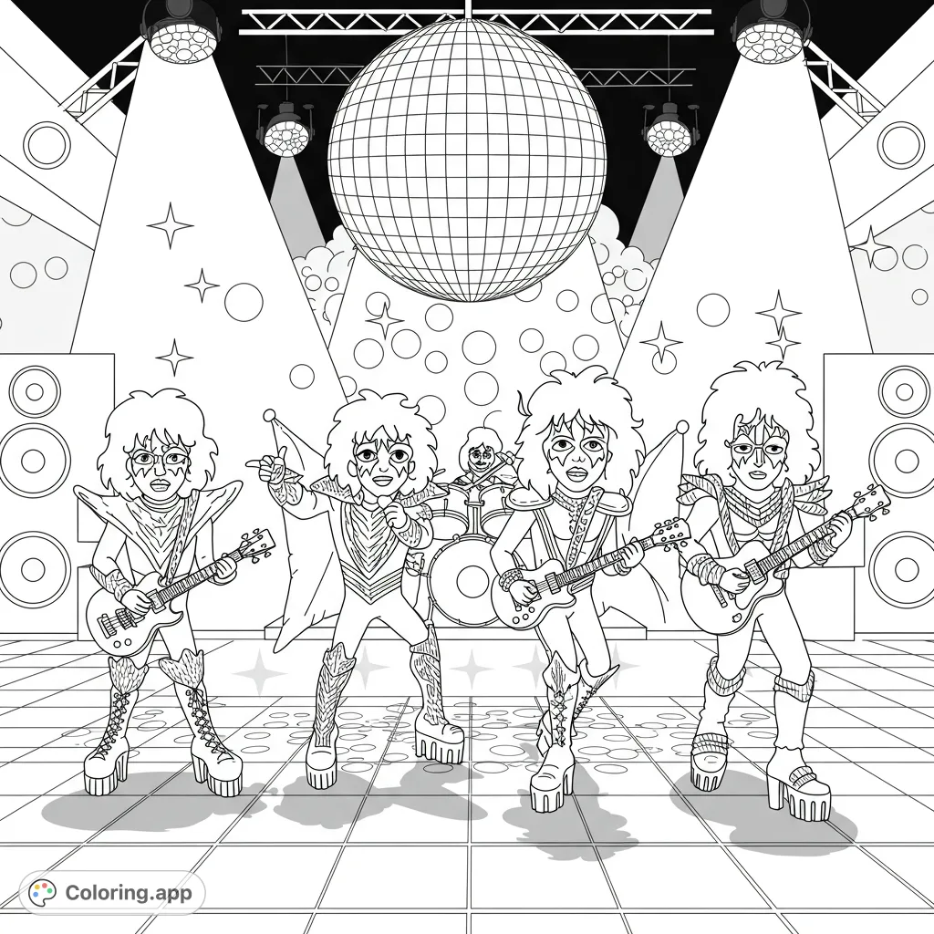 Get ready to rock and color with the Mini Kiss Band dancing at a vibrant disco! A fun, free printable Mini Kiss Band coloring page for all ages.