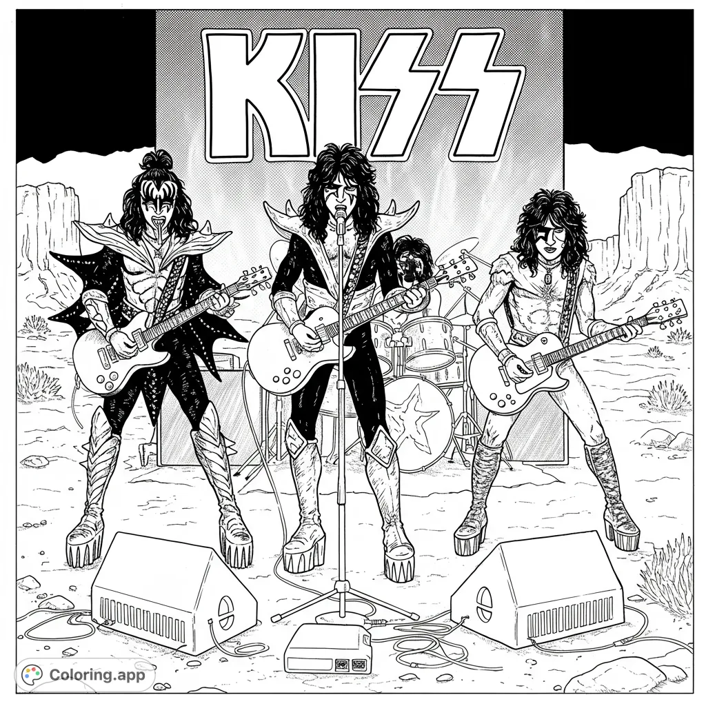 Dynamic rock band concert in a desert, featuring musicians in iconic costumes with guitars and drums. A high-energy rock band coloring page for fans.