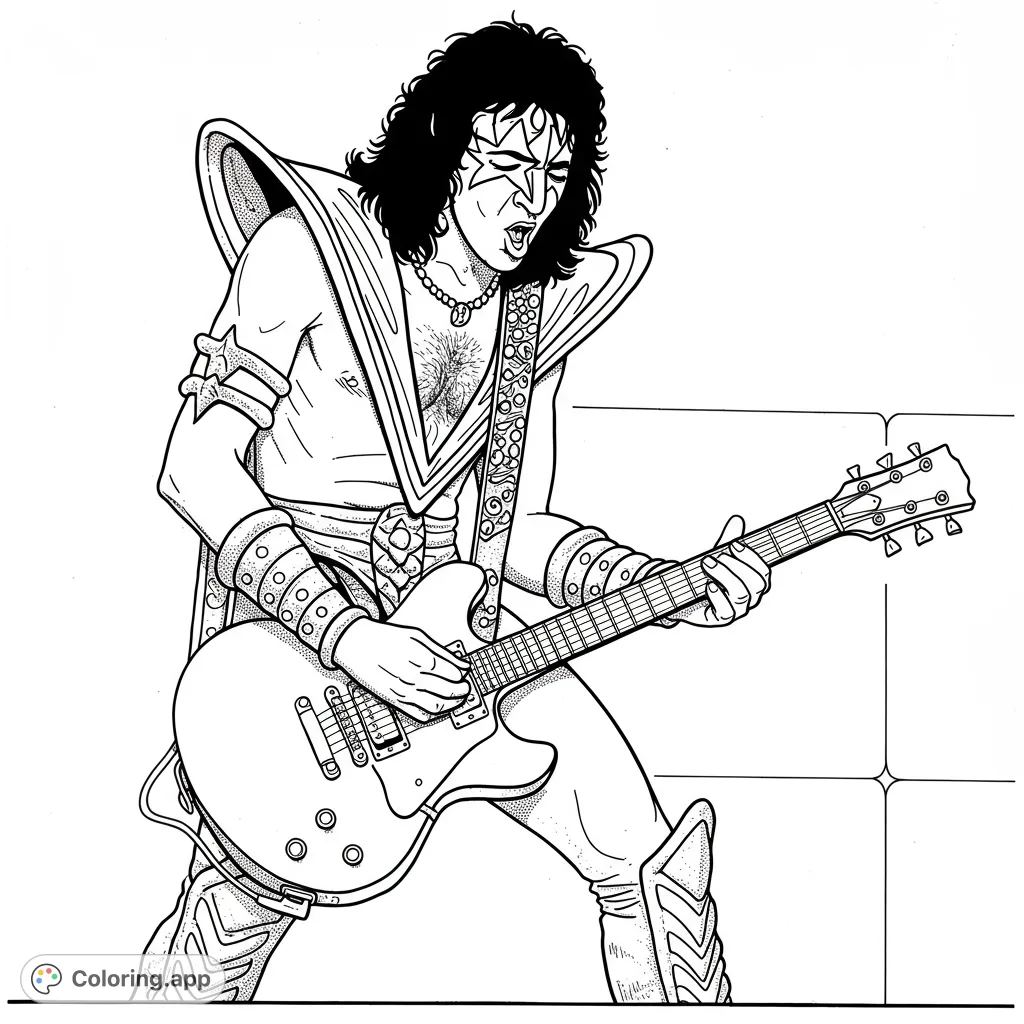 Dynamic rock star in elaborate costume playing an electric guitar. Features iconic face paint and detailed stage attire, perfect for music fans.