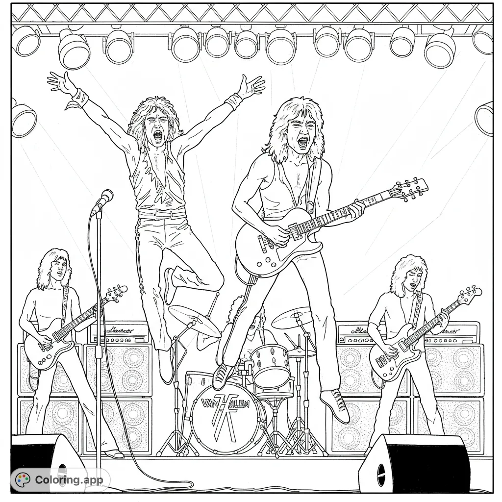 Experience the energy of a Van Halen concert! This free printable Van Halen coloring page captures the band live on stage, perfect for music fans.