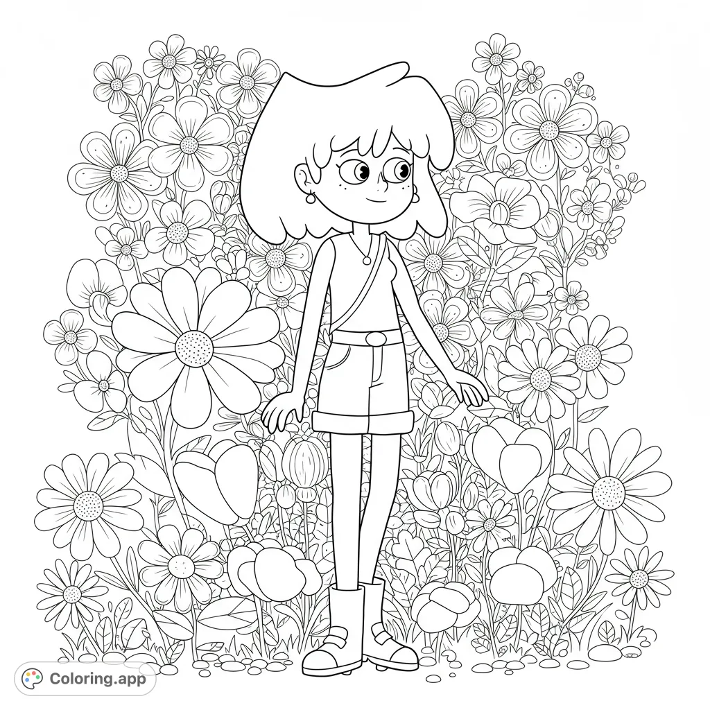 A charming girl stands amidst a vibrant field of diverse flowers, offering a delightful nature-themed coloring experience for all ages.
