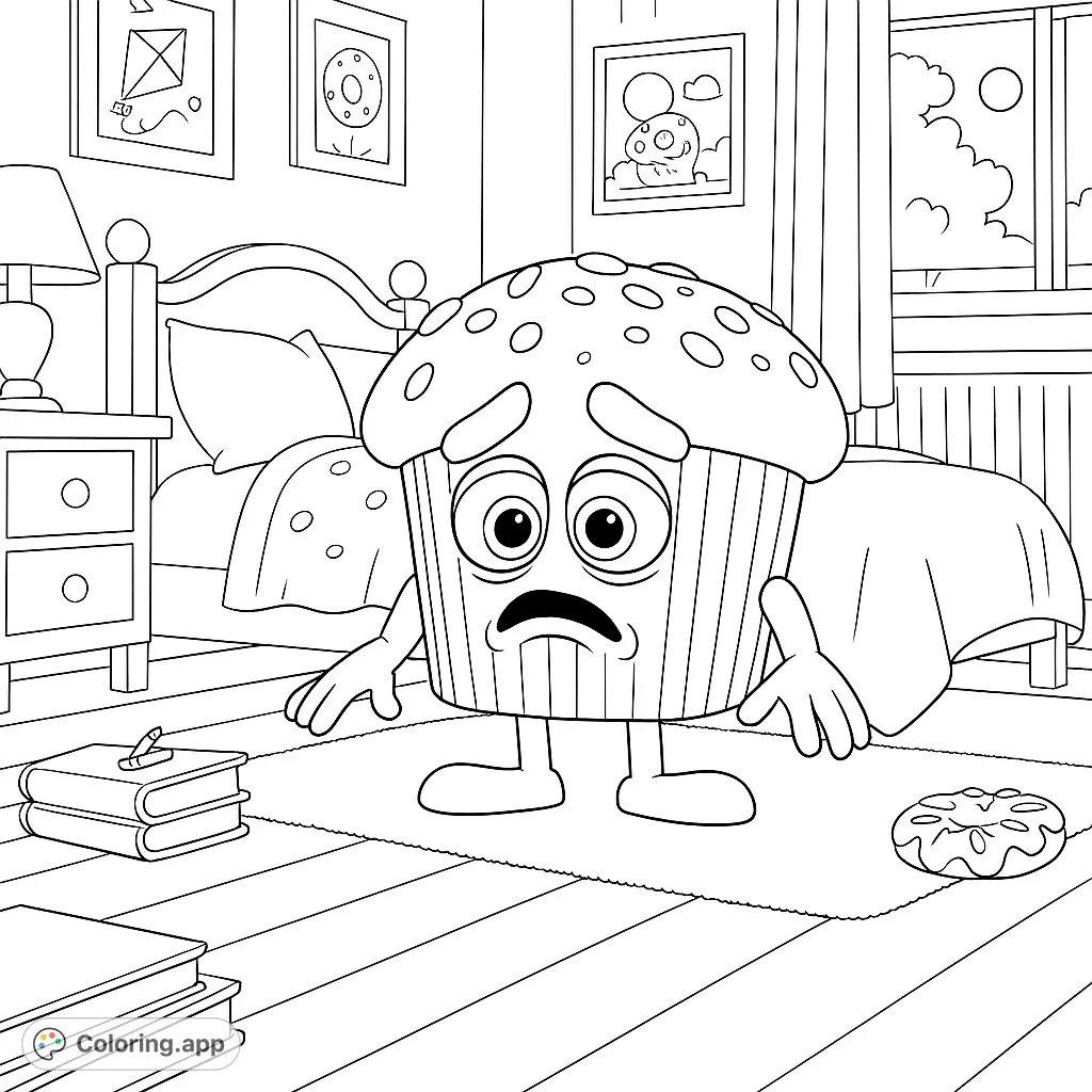 A sad muffin character stands in a detailed bedroom with a donut, books, and framed art. A free printable food character coloring page for kids.