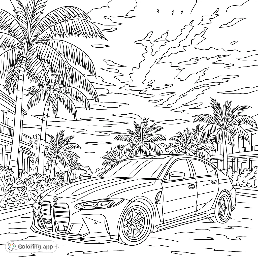 A sleek luxury car parked amidst tropical palm trees and elegant buildings under a cloudy sky. Perfect for car enthusiasts and tropical scene lovers.