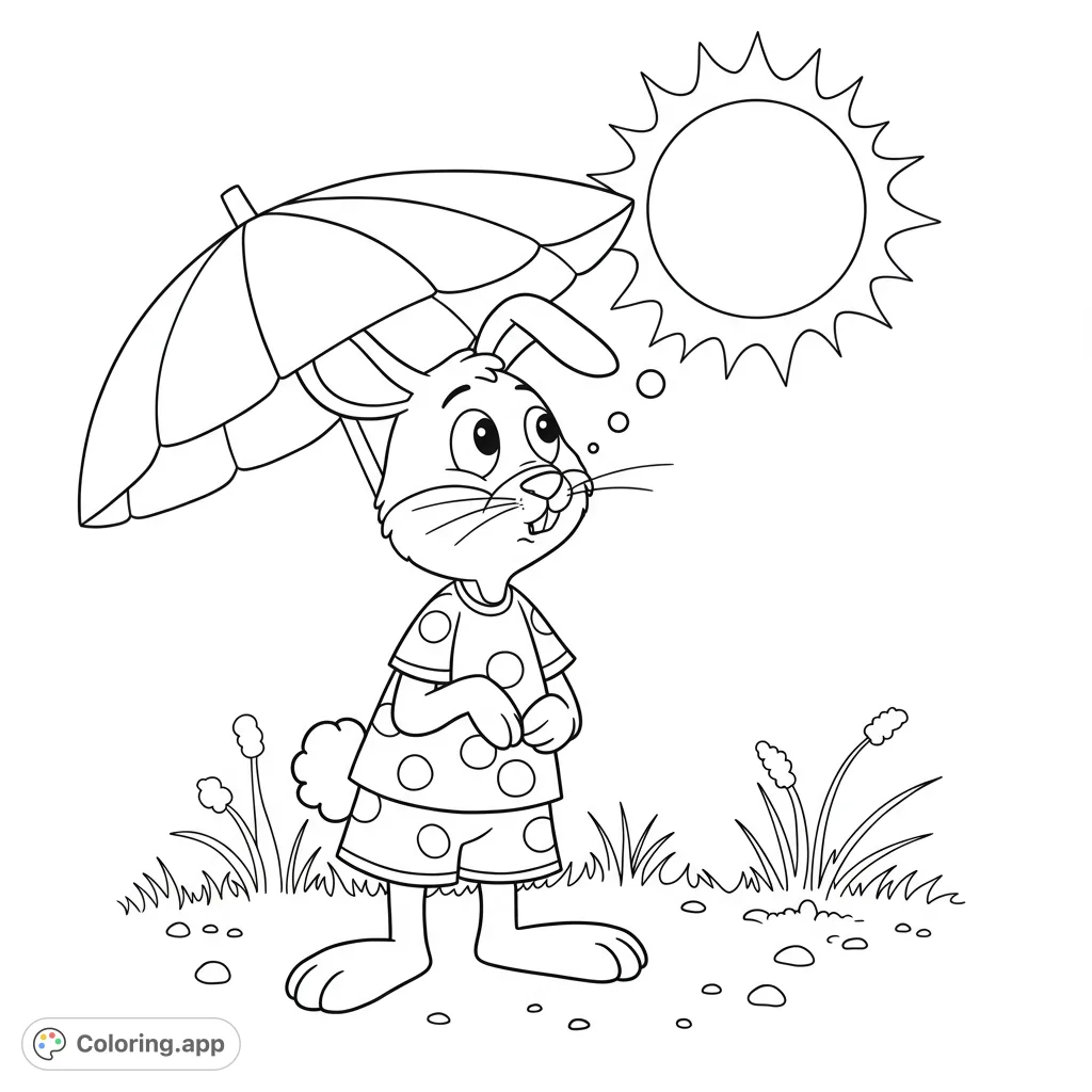 A delightful bunny in polka dots under an umbrella, looking at the sun. A charming summer bunny coloring page, perfect for free printable coloring page fun!