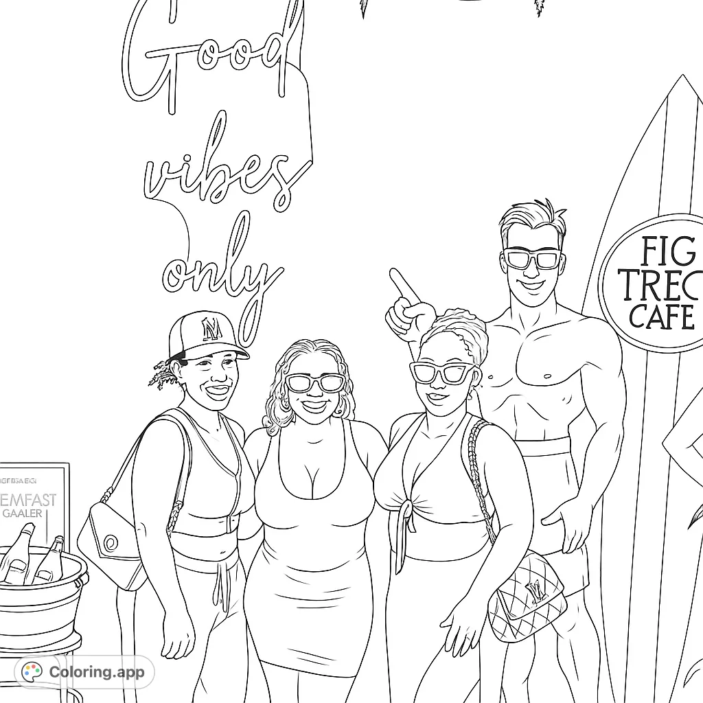 Color a vibrant scene of friends enjoying summer vibes at a cafe, featuring stylish outfits, a surfboard, and a fun, relaxed atmosphere.