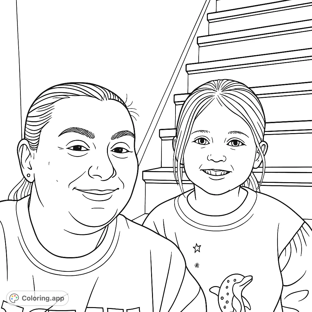 A heartwarming family portrait featuring an adult and child smiling, with a staircase backdrop. Perfect for personalizing with your favorite colors.