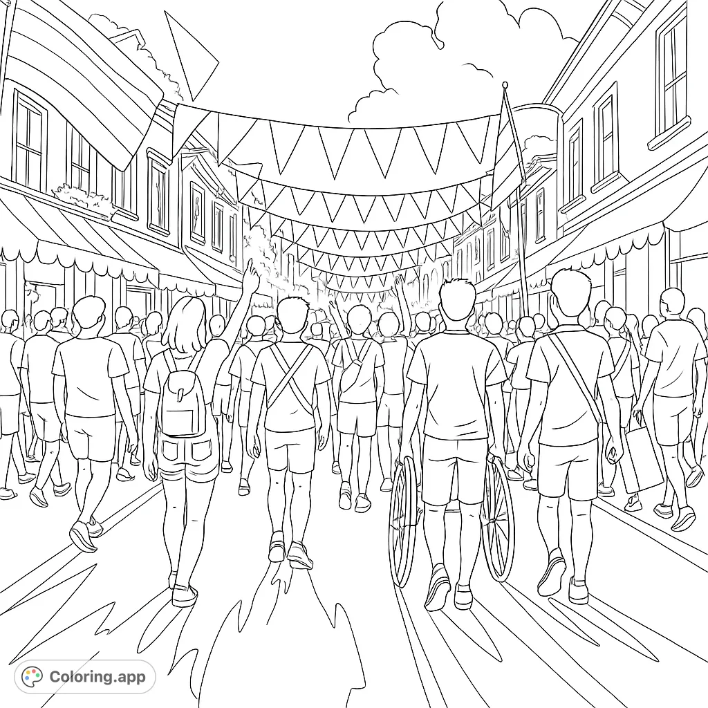 A vibrant street scene with a diverse crowd, festive banners, and detailed city buildings, perfect for a lively coloring experience.
