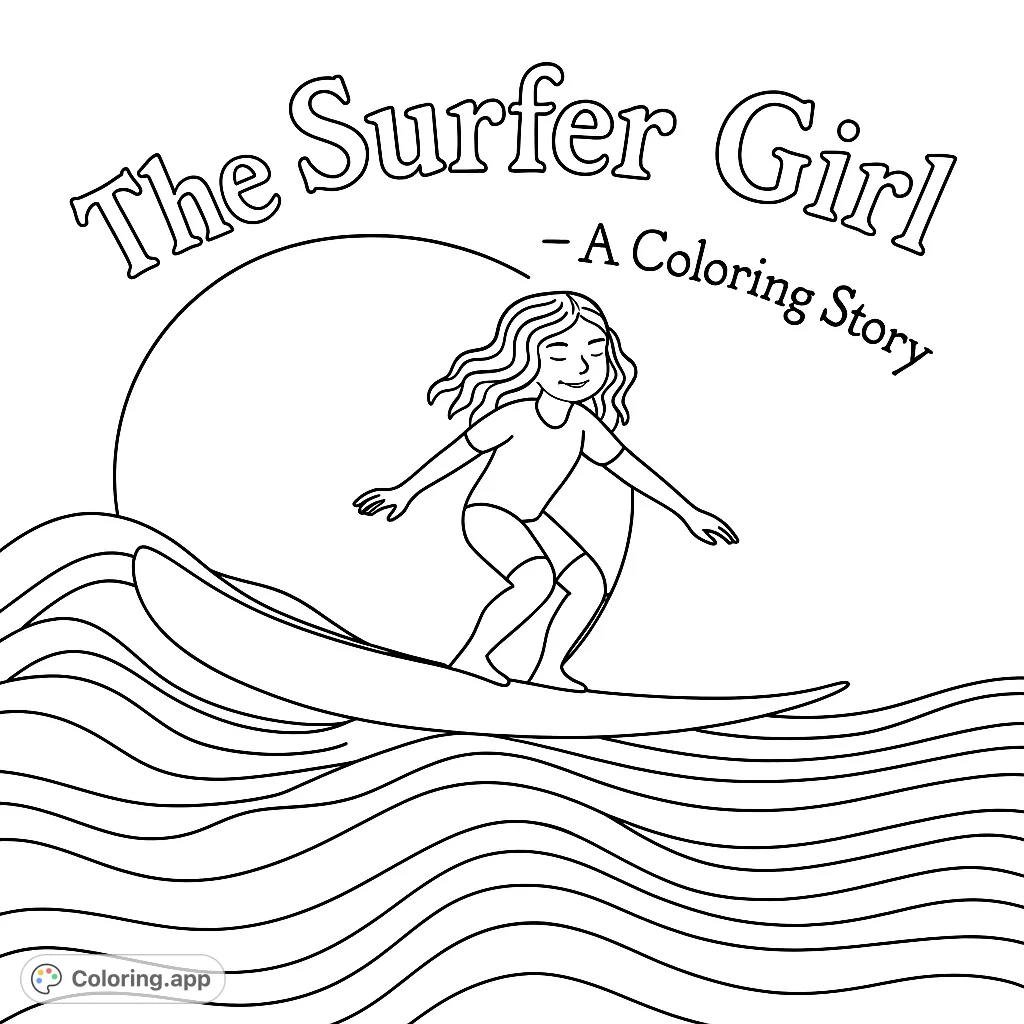 A joyful surfer girl rides a dynamic ocean wave under a bright sun. This free printable surfing coloring page offers a fun, relaxing activity for all ages.