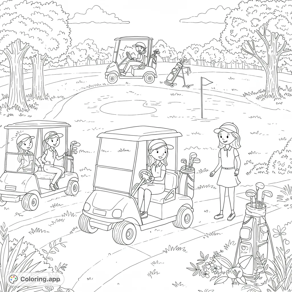 Enjoy a fun golf course coloring page featuring female golfers, golf carts, and scenic greens. A free printable coloring page for sports enthusiasts!