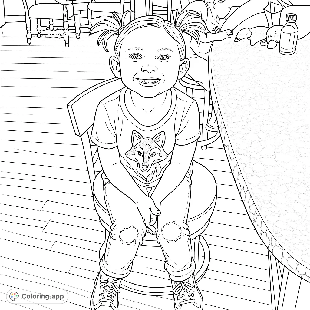 A cheerful young girl with pigtails sits on a stool, wearing a fox t-shirt and ripped jeans, ready for a fun coloring adventure.