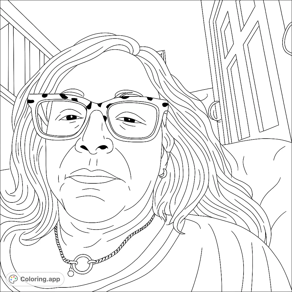 A detailed portrait coloring page featuring a person with patterned glasses and a necklace, set against a background of a banister and door frame.