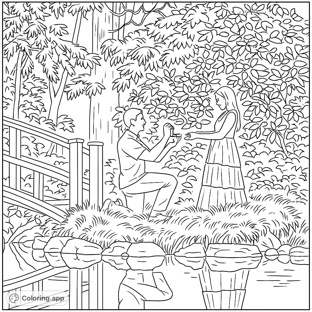 A man proposes to a woman in a lush garden by a reflective pond, a beautiful moment captured in line art, perfect for a romantic coloring page.