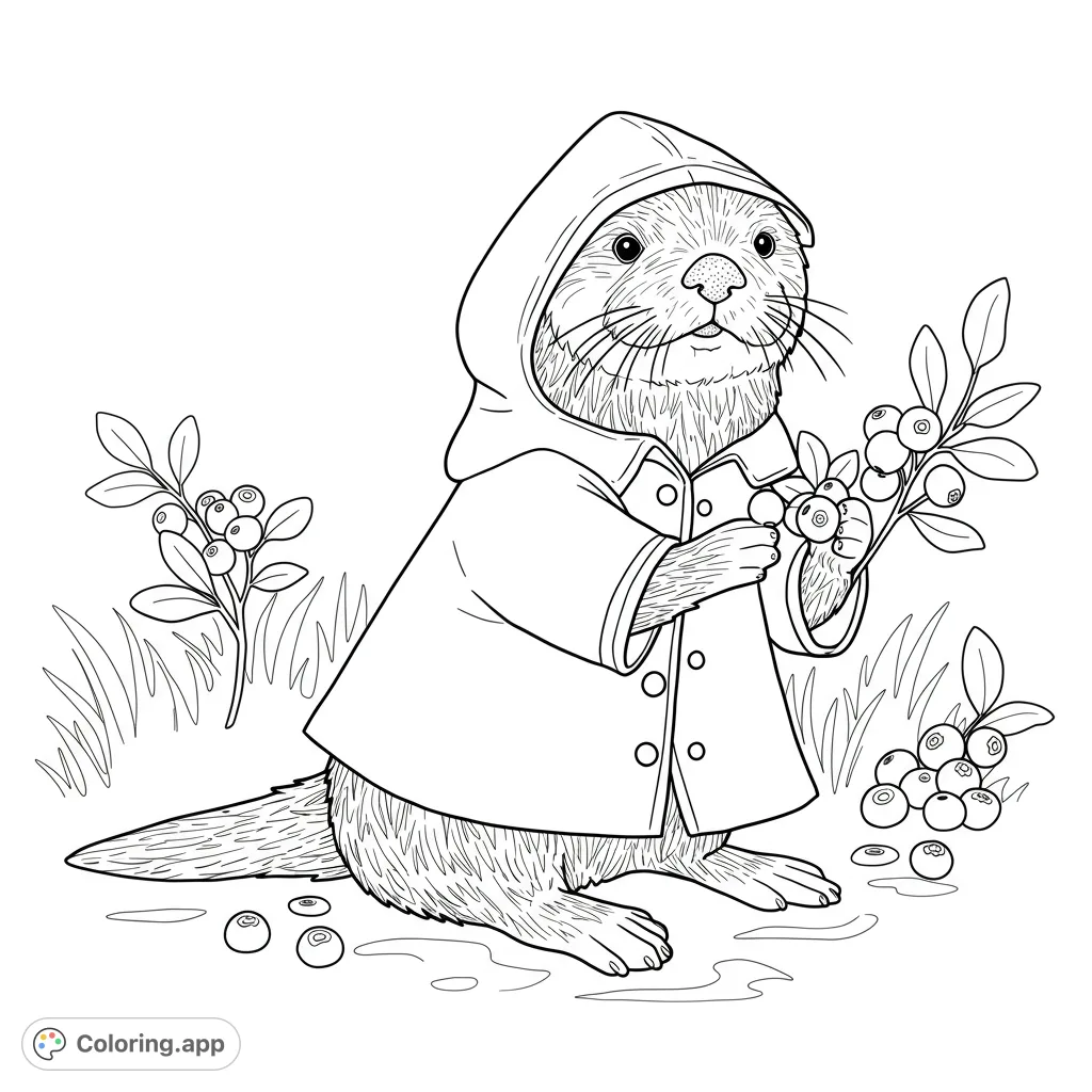 Otter in Raincoat Picking Blueberries