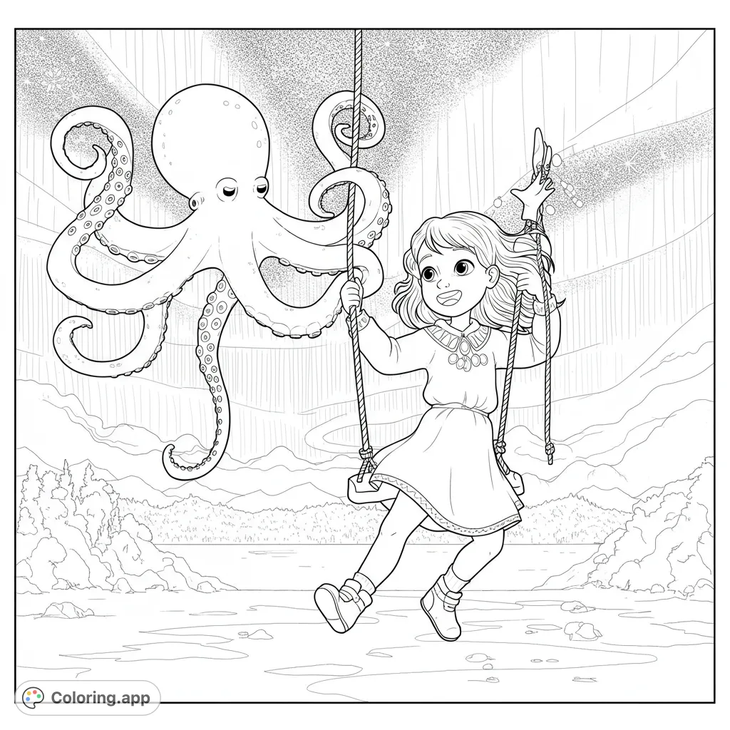 Whimsical scene of a girl swinging with a friendly octopus under a starry sky. A magical adventure free printable coloring page for kids.
