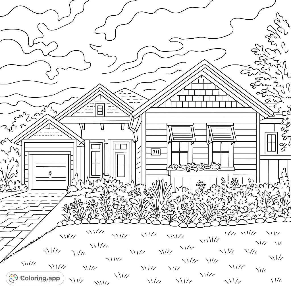 Color a cozy suburban home with a garage, lush garden, and a paved driveway under a cloudy sky. A free printable house coloring page for all ages.