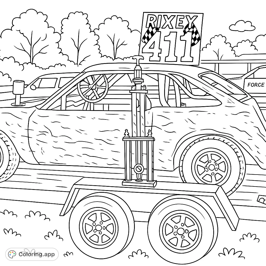 Dynamic race car on a trailer with a champion trophy, set against a backdrop of trees. A thrilling free printable racing coloring page for all ages.