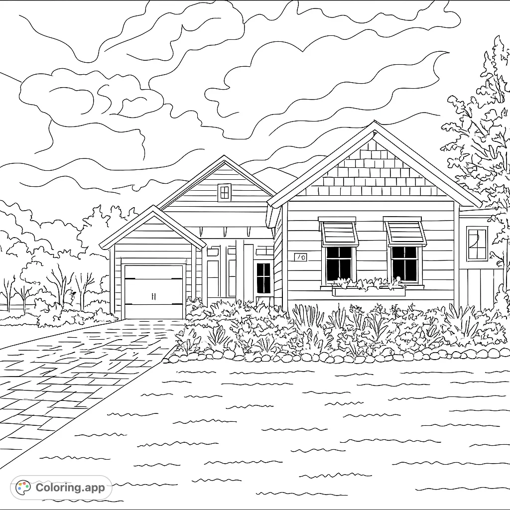 A charming suburban house coloring page featuring a detailed home, lush garden, paved driveway, and a cloudy sky. Perfect for all ages.