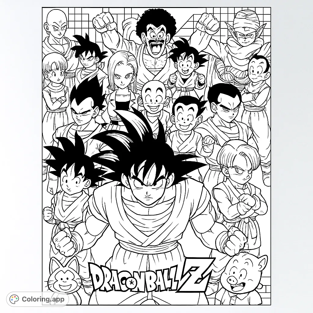 An epic Dragon Ball Z coloring page featuring Goku, Vegeta, Piccolo, and a large cast of iconic heroes in a dynamic group pose.