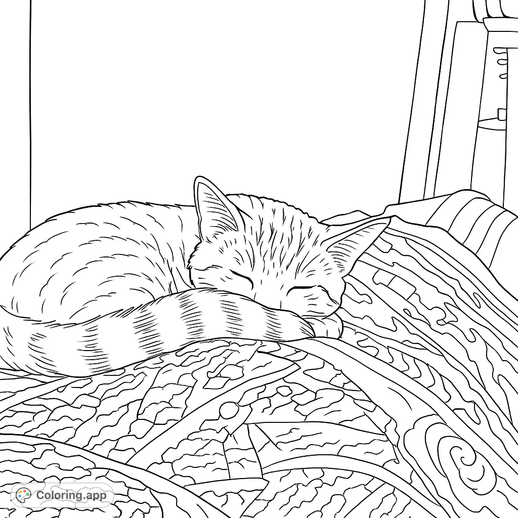 Discover a peaceful sleeping cat curled on rustic logs. A charming, free printable cat coloring page perfect for relaxation and creativity.