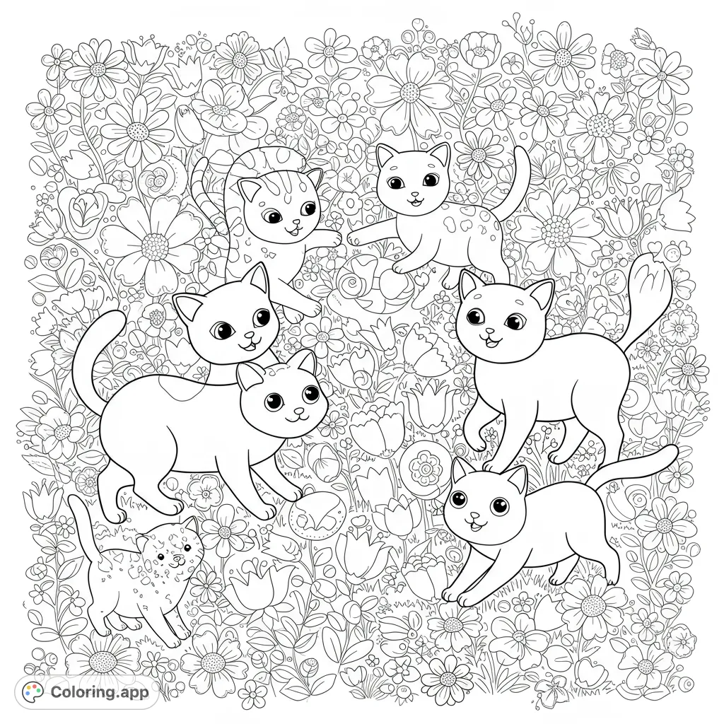 Six adorable cats frolic amidst a vibrant, detailed flower garden. A charming and intricate scene perfect for cat lovers and floral enthusiasts to color.