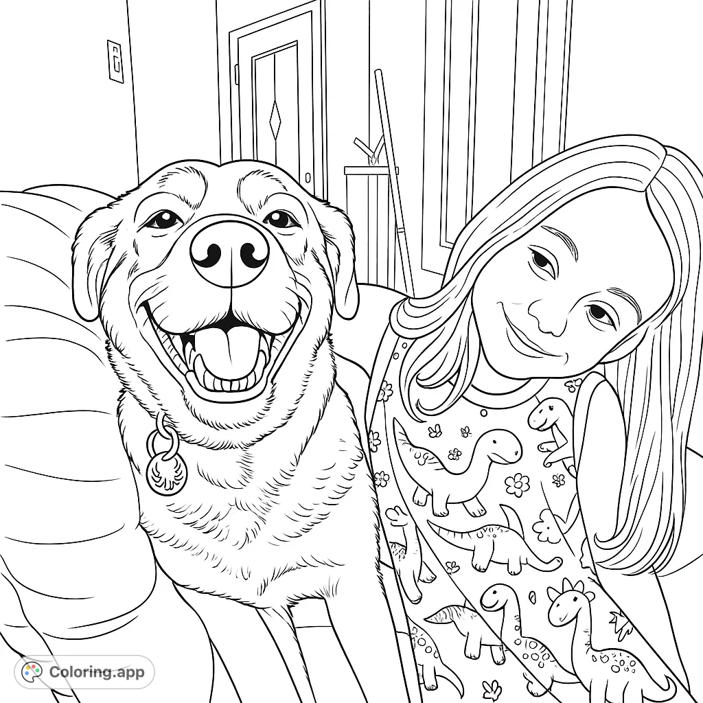A heartwarming free printable coloring page featuring a smiling girl and her happy dog, perfect for kids and pet lovers.