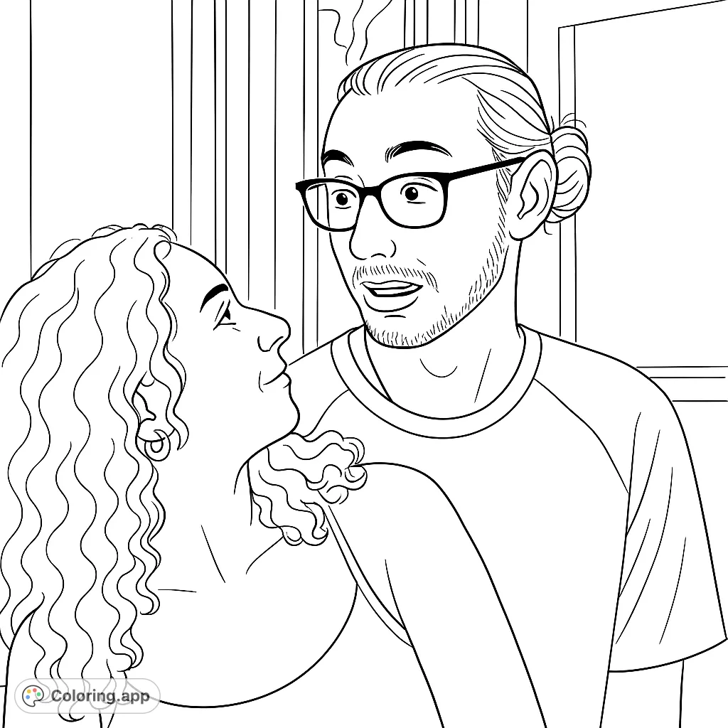 A tender relationship coloring page featuring a young couple in a heartfelt gaze. A free printable coloring page for adults and teens, perfect for romantic coloring pages.