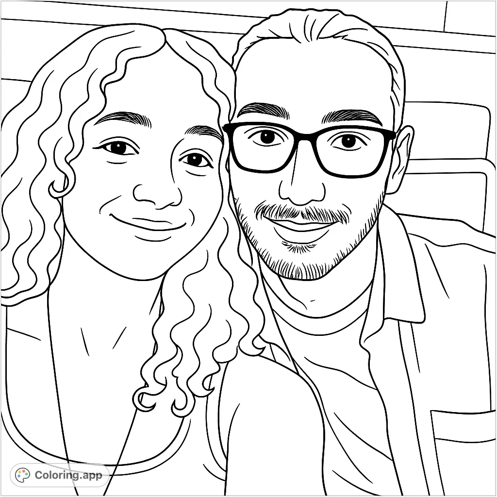 A heartwarming portrait of a smiling couple, perfect for personalizing with your favorite colors. A free printable portrait coloring page.