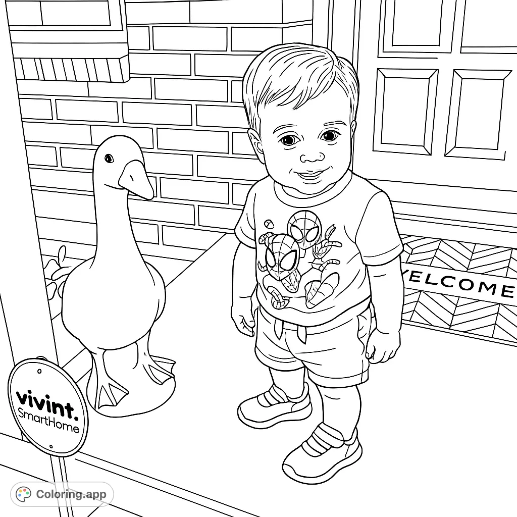 A cheerful toddler in a superhero shirt stands beside a friendly goose statue, ready for a fun coloring adventure. This free printable coloring page is perfect for kids and adults.