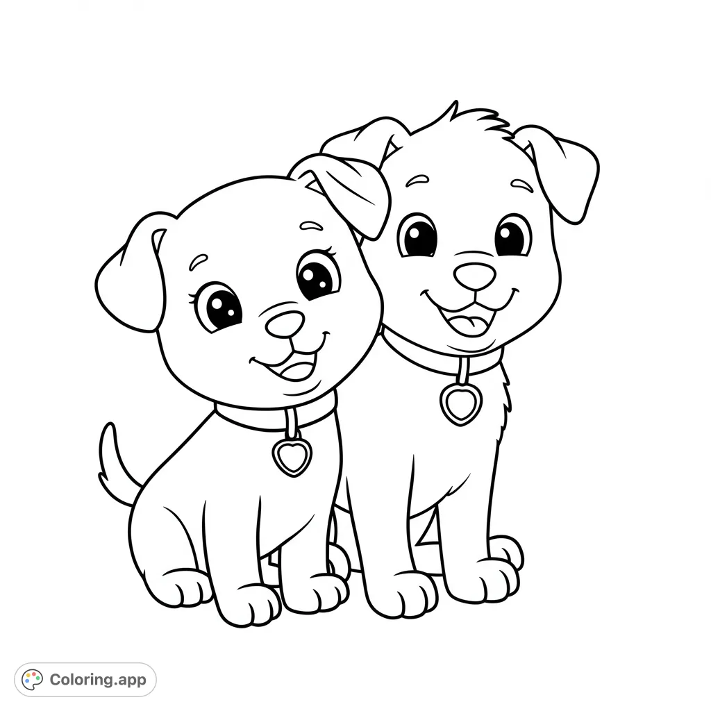 Color two cute puppies with heart and circle tags! A delightful free printable puppy and dog coloring page for kids and adults to enjoy.