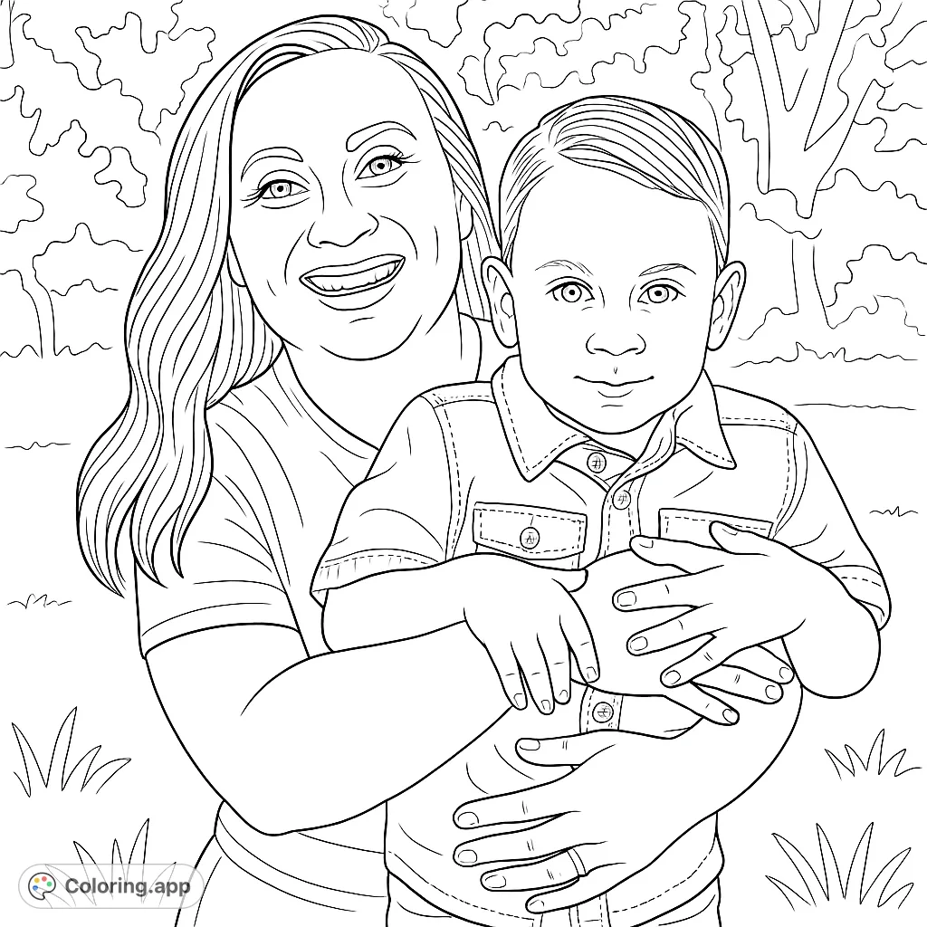 A heartwarming family portrait featuring a smiling woman embracing a young boy, perfect for a free printable family coloring page. Celebrate love and connection.