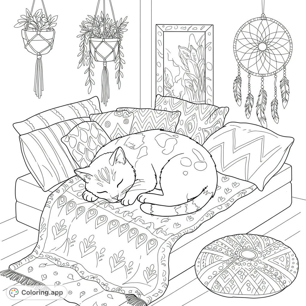 A charming calico cat rests on a cozy bed in a cute boho room, featuring clean lines and inviting details perfect for a relaxing coloring experience.