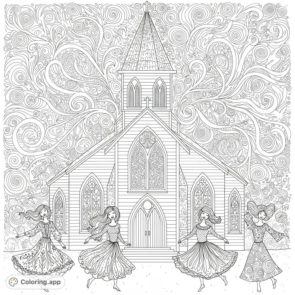 A unique old-school church radiating energy, surrounded by joyful ladies dancing. A vibrant, imaginative scene perfect for creative coloring.