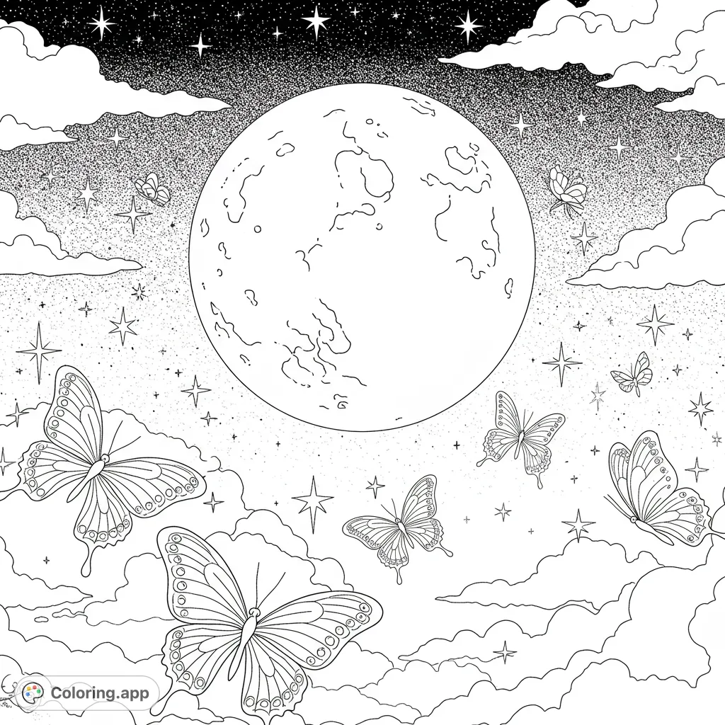 A magical starry night sky coloring page featuring graceful butterflies fluttering around a luminous full moon. Perfect for a relaxing, creative escape.