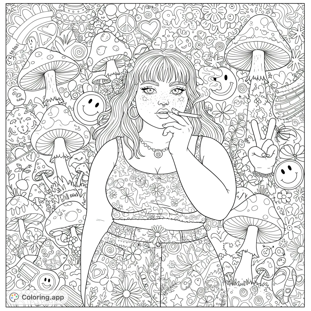 Dive into a trippy hippie coloring page featuring a cool girl amidst a vibrant psychedelic mushroom forest, peace signs, and smiley faces. Perfect for adults.