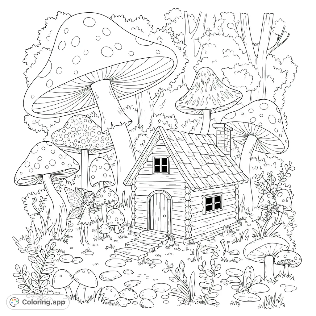 A charming fairy house nestled among giant mushrooms in an enchanted forest. Perfect for magical coloring adventures.