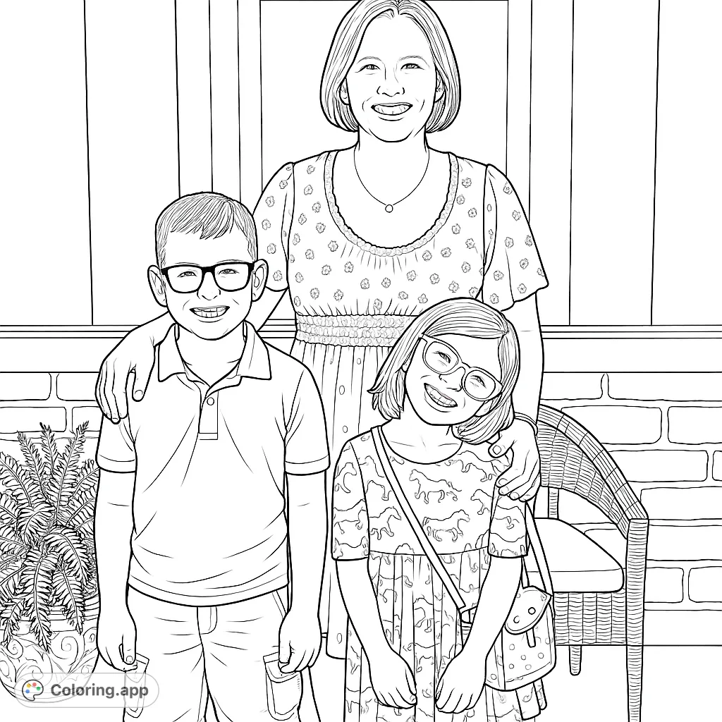 Capture the joy of family with this heartwarming portrait featuring a woman and two children. A free printable family portrait coloring page for all ages.