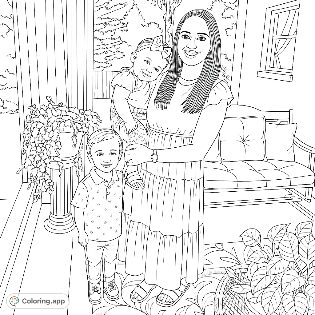 A heartwarming family portrait featuring a mother, baby, and young boy on a patio, surrounded by plants and a cozy bench. Perfect for all ages.