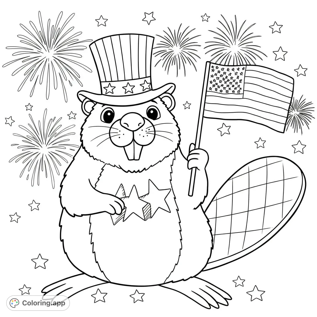 Celebrate with a patriotic beaver coloring page! Features a cheerful beaver in an Uncle Sam hat, holding an American flag and stars amidst fireworks.