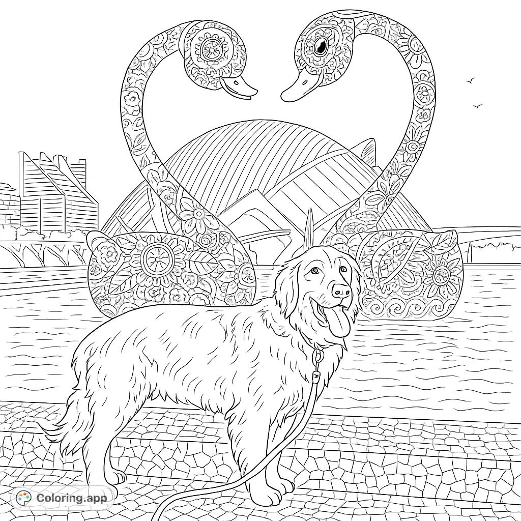 A charming Golden Retriever stands before two ornate swans forming a heart, set against a modern cityscape. A delightful free printable dog coloring page.