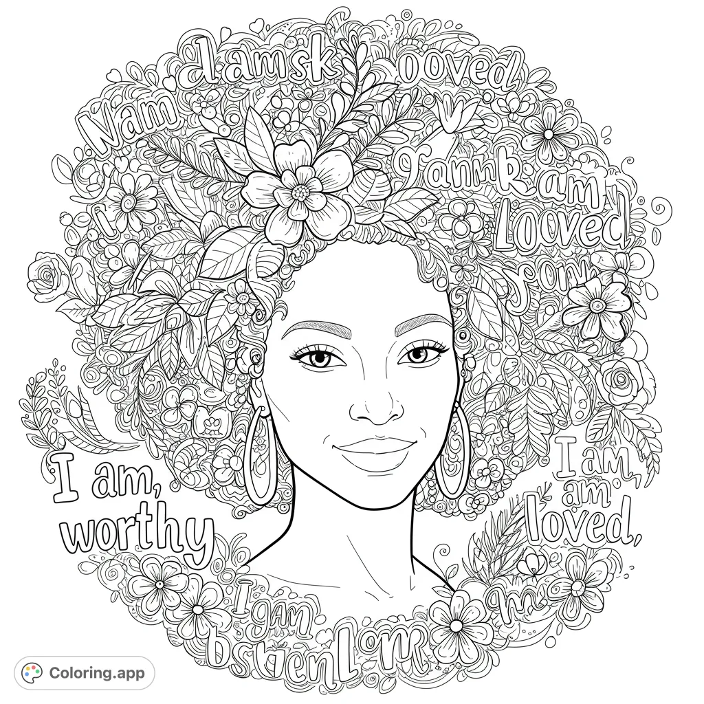 Empowering portrait of a woman with intricate floral hair, perfect for mindful coloring and self-expression. A free printable coloring page.