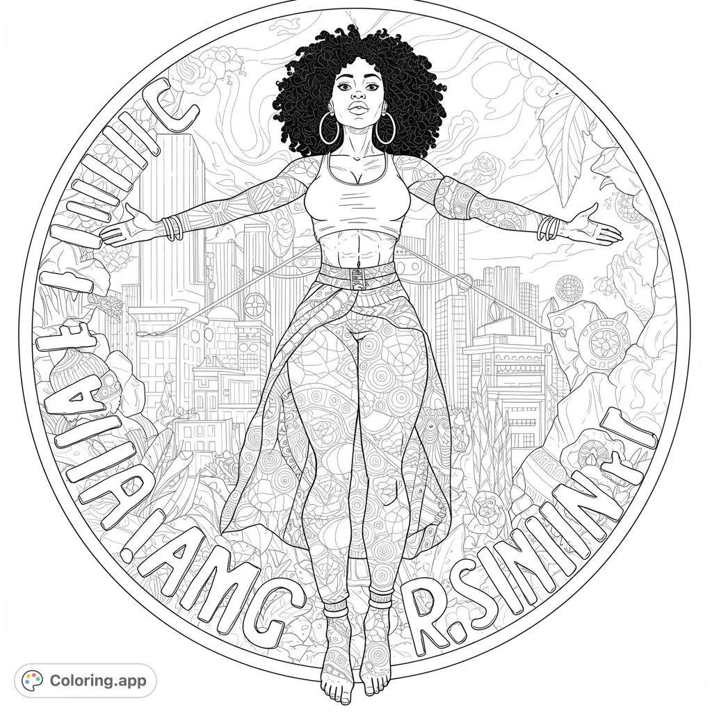 An empowered woman with intricate patterns stands amidst a vibrant blend of futuristic cityscape and lush nature, all within a circular frame.