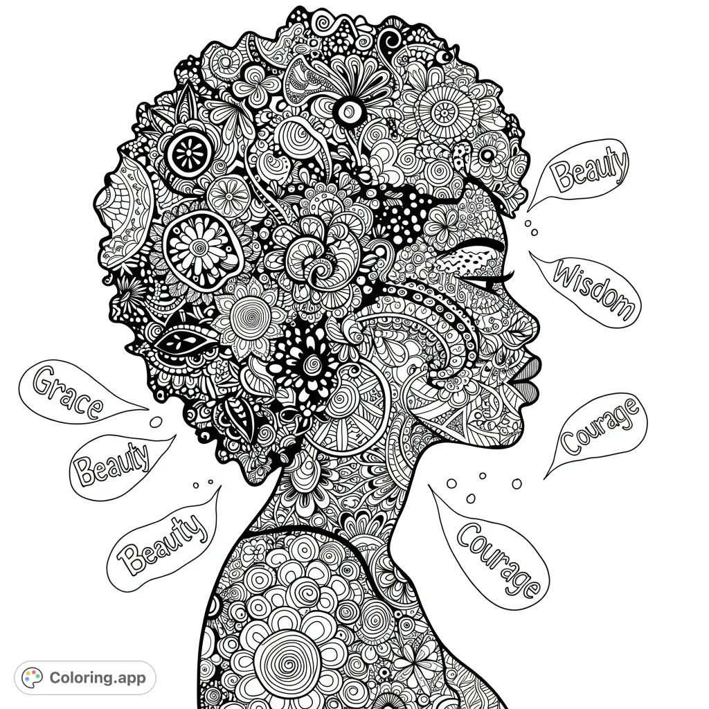 An intricate profile of a woman with hair and skin filled with detailed floral and mandala patterns, offering a unique artistic challenge.