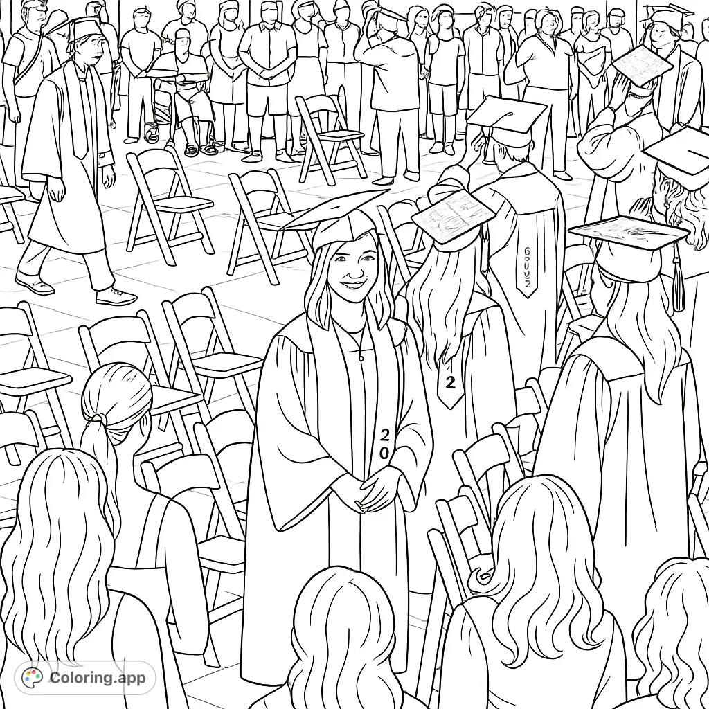 Celebrate academic achievement with this detailed graduation ceremony coloring page, featuring graduates and a cheering crowd.