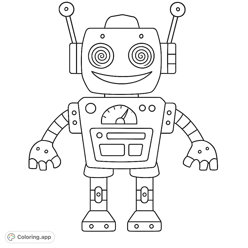 A charming retro robot coloring page with spiral eyes and a friendly smile, perfect for kids and adults. Free printable robot coloring page fun!
