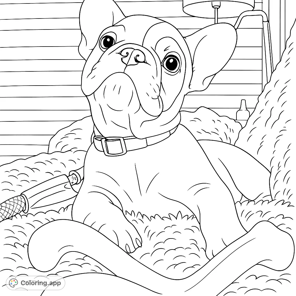 An adorable French Bulldog puppy ready for a fun bath time! Perfect for dog lovers and kids. Free printable French Bulldog coloring page.