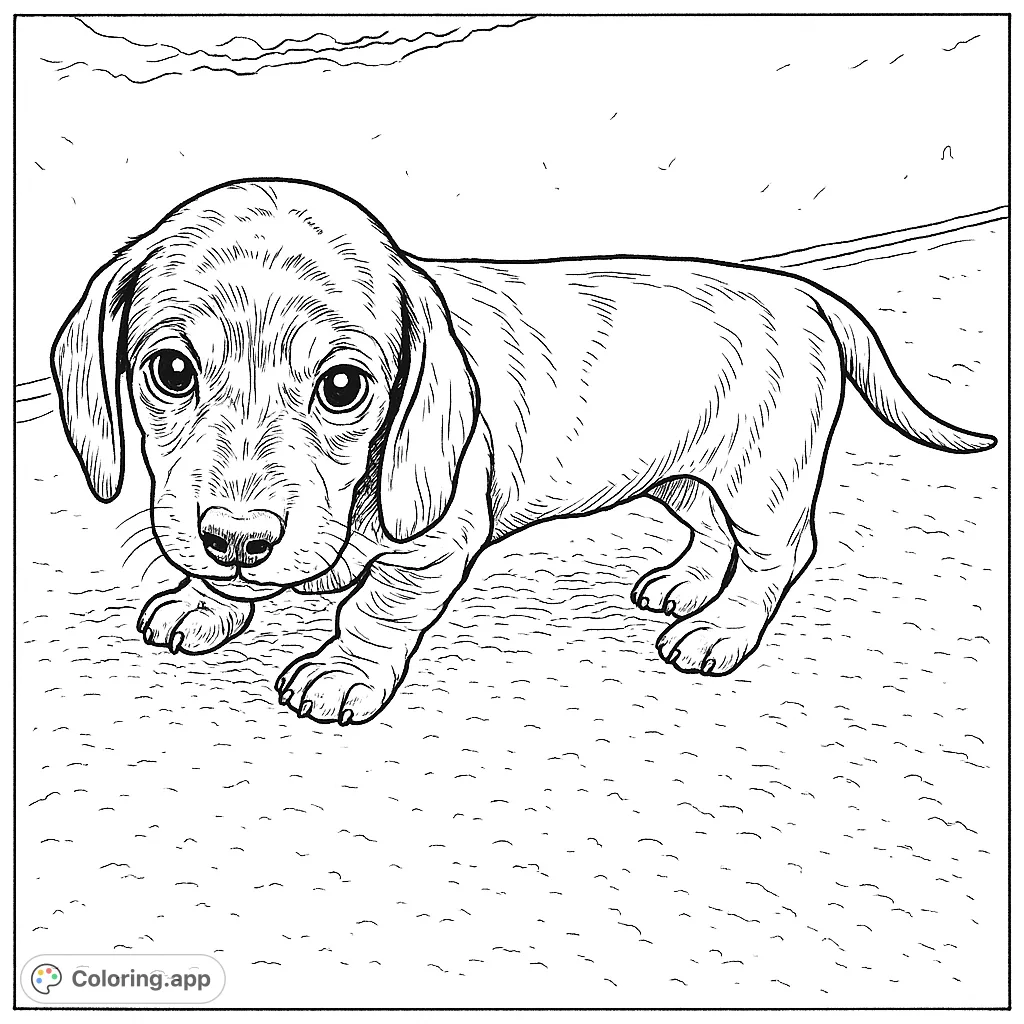 Color this adorable dachshund puppy with big eyes and floppy ears. A charming free printable puppy coloring page for kids and adults.